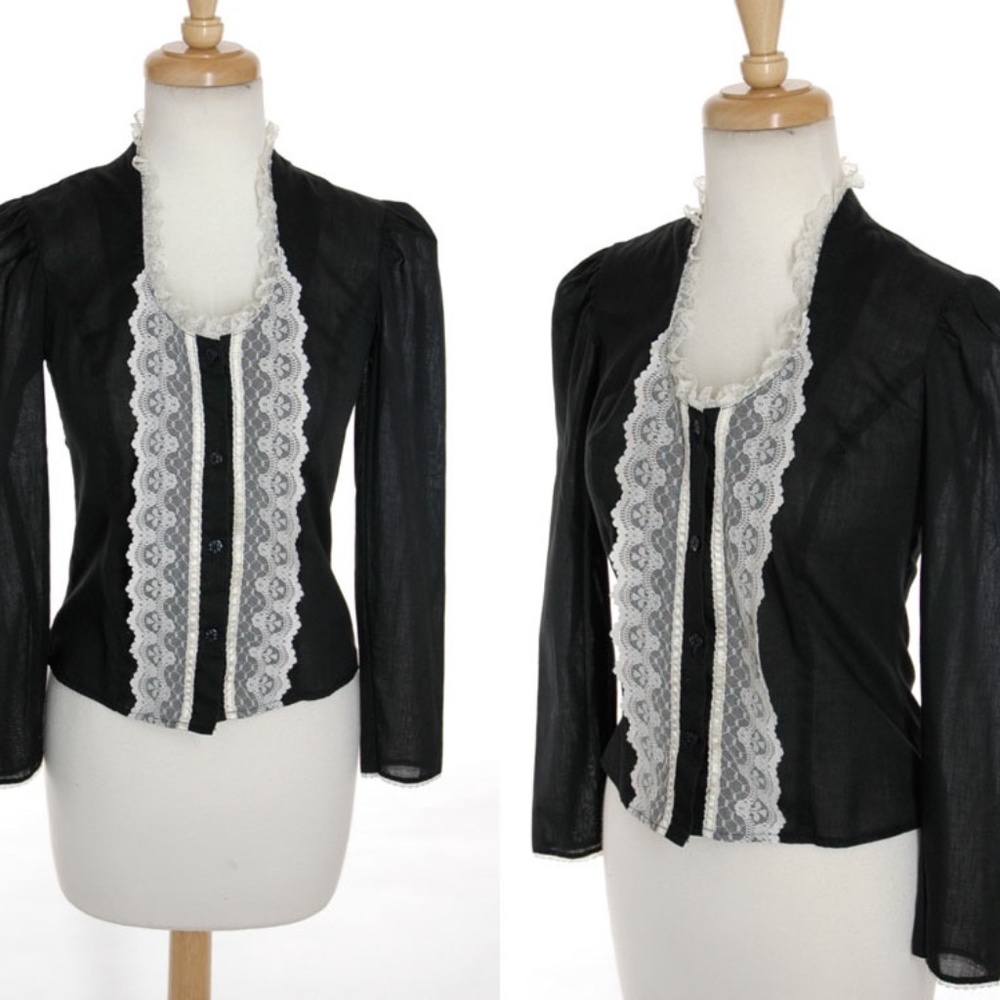 70s Vintage Romantic Victorian Blouse Black Lace S